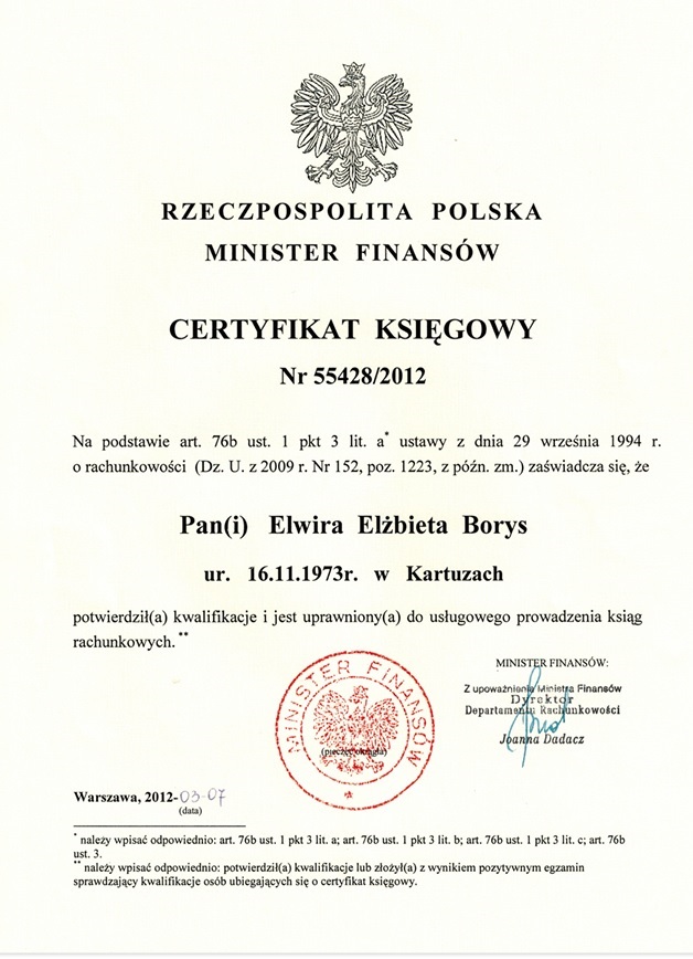 Certyfikat księgowy Ministra Finansów